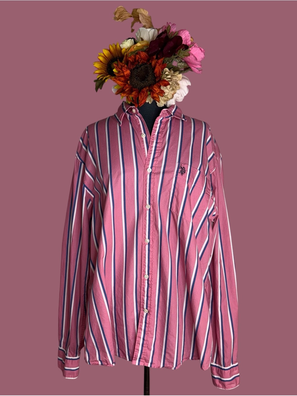 U.S. Polo Assn. Striped Button-Up Shirt in Pink with Navy & White Stripes